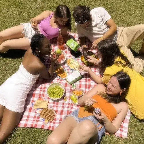 amigos en picnic jugando mala leche de marihuana felices sin texto