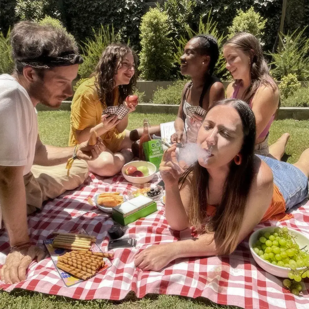 grupo de mujeres y un hombre jugando mala leche de marihuana en picnic
