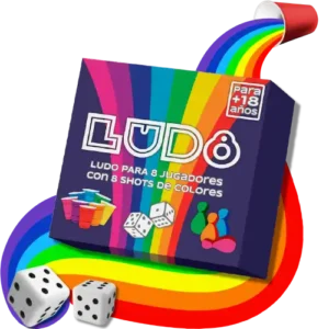 Promocional caja de LUD8 con arcoiris shot y dados Promocional caja de LUD8 con arcoiris shot y dados