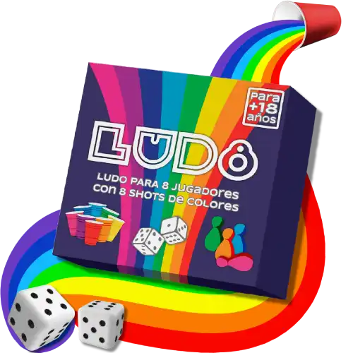 Promocional caja de LUD8 con arcoiris shot y dados