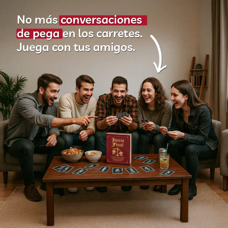 amigos jugando juicio final en living de casa en mesa de centro