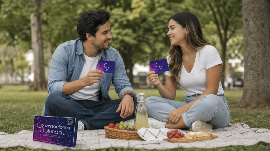 Juegos de mesa para parejas pareja jugando conversaciones profundas en el parque